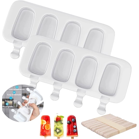 2 Pieces Silicone Ice Cream Mold,8 Cavity Cake Pop Molds,White Oval Cake Pop Mould,lolly Mold,Baking Molds with 50 Pieces Sticks for Homemade Treats,Parties Favors (L, 10 x 4in)