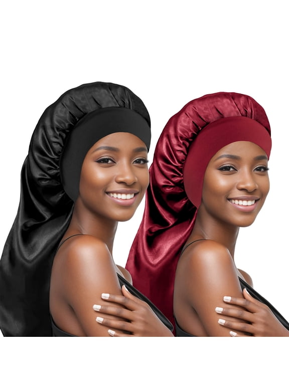 2 Pieces Silk Bonnet for Sleeping Women Braid Bonnet for Long Hair with Tie Band Satin Bonnet for Braids Hair Sleeping Cap for Women