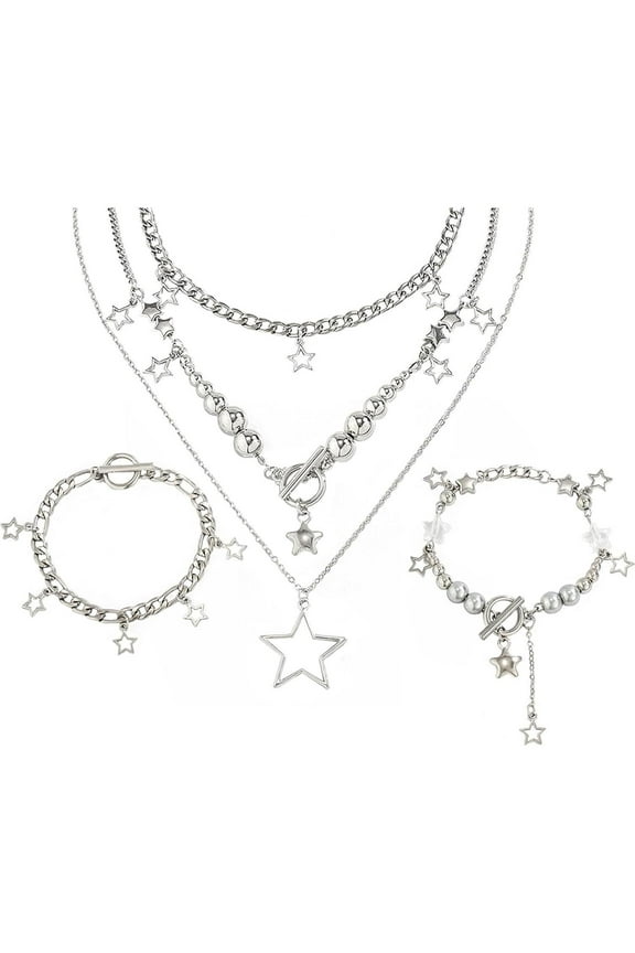 2 Pieces Silver Star Necklace Y2K Jewelry Set Grunge Necklace Kawaii Cute Necklaces Aesthetic Vintage Emo Jewelry