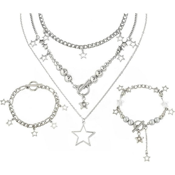2 Pieces Silver Star Necklace Y2K Jewelry Set Grunge Necklace Kawaii Cute Necklaces Aesthetic Vintage Emo Jewelry