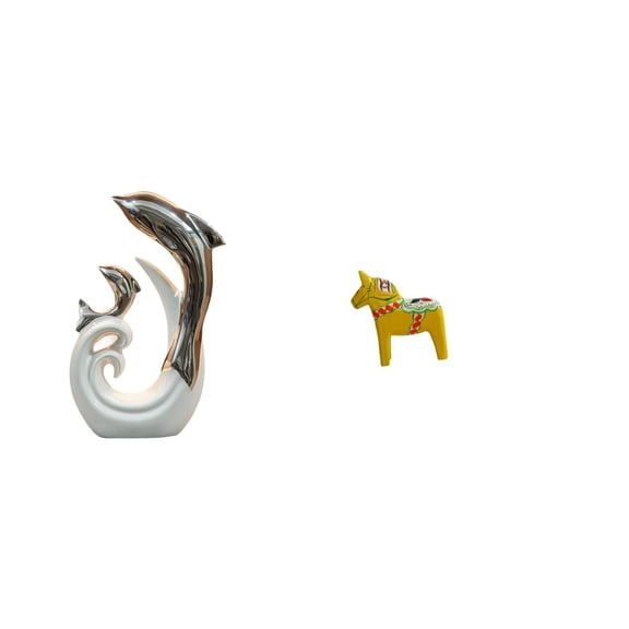 2 Pieces Silver White Sculpture Ceramic Dolphin Statue Swedish Figurine Handcrafted Wood Coffee Table Entryway Decor