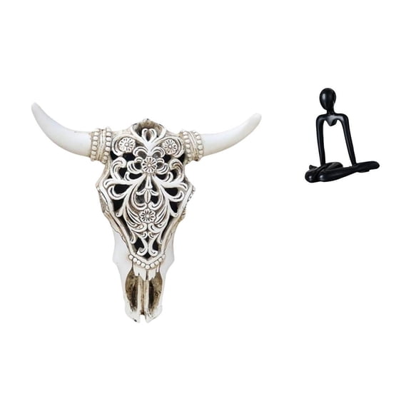 2 Pieces Skull Wall Sculpture Cow Head Decor Abstract Thinker Figurine Resin Material for Office Bedroom Shelf Display