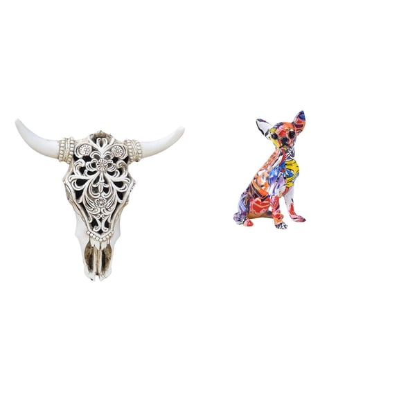2 Pieces Skull Wall Sculpture Resin Cow Head Wall Decor Dog Statue Crafted Graffiti Decor for Home Office Bedroom