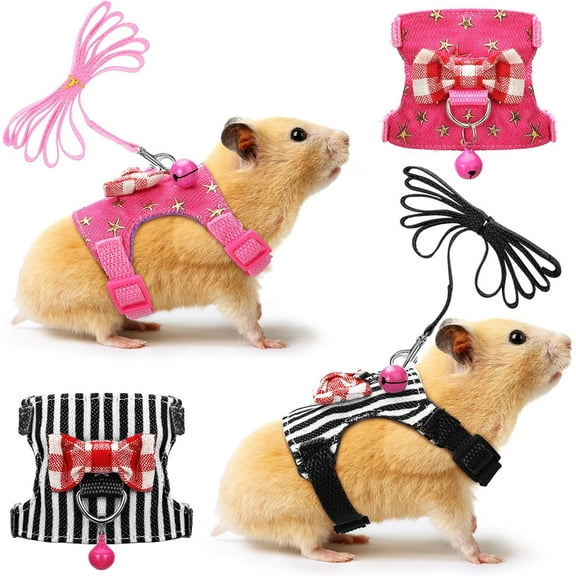2 Pieces Small Hamster Harness and Leash Set, Guinea Pig Clothes with Bowknot Bell and Bell Decor, No Pulling Comfort Padded Vest Striped for Guinea Pig Hamster Ferret Rats
