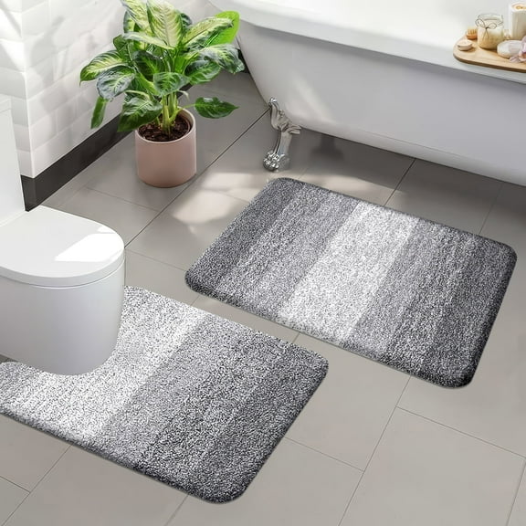 2 Pieces Soft Bathroom Rugs, Soft Absorbent Microfiber Bath Mat, Non-Slip Washable Bathroom Mat & U-Shaped Toilet Rug (24"x16"+24"x20", Grey)
