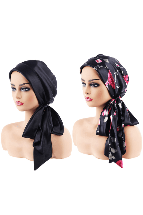 2 Pieces Soft Satin Head Scarf Sleeping Cap Bonnet Headwear Head Cover Turbans for Women