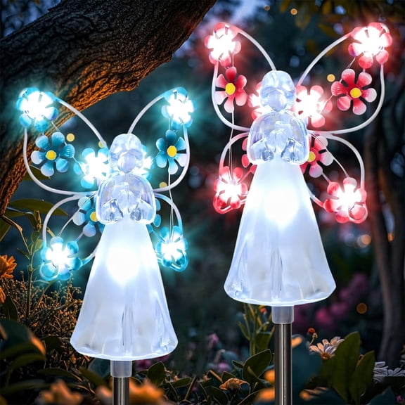 Rirool Solar Angel Garden Stake Lights, 2-Pack Blue and Red LED Memorial Garden Decorations, 31.1-Inch Waterproof Outdoor Pathway Lights for Cemetery, Gravesite, Yard and Flower Bed