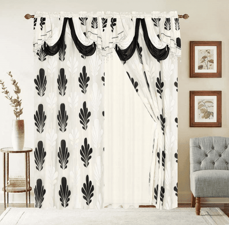 2 Pieces Sophia Two Tone Beige Black Embroidered Flower Curtains, 54" wide x 84" long each panel
