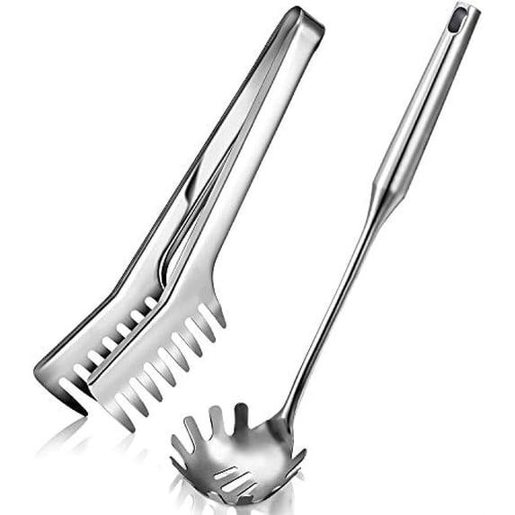 2 Pieces Spaghetti Spoon Large Pasta Server Utensil, 9.4 Inch Stainless Steel Pasta Tong and 13.6 Inch Pasta Fork with Vacuum Handle, Comfortable Grip Design Spaghetti Server for Kitchen