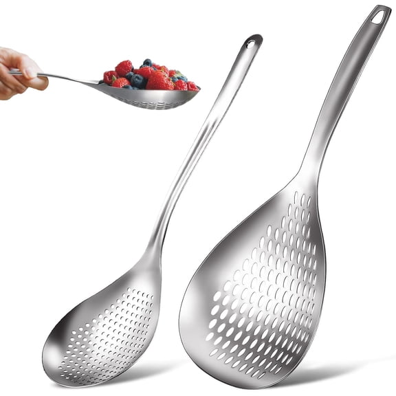 2 Pieces Spider Strainer Skimmer Slotted Spoon Stainless Steel Skimmer Ladle Rustproof Frying Spoon Strainer Colander with Hanging Holes for Kitchen Cooking Draining and Frying