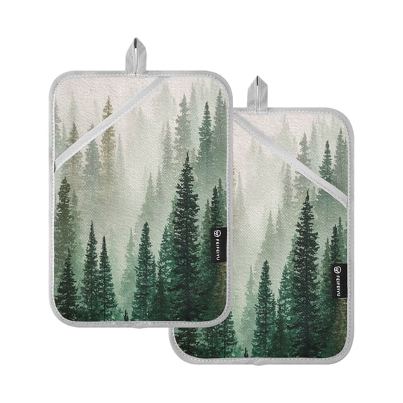 2 Pieces Square Heat Insulation Pads Square Heat Insulation Gloves Oven Gloves Kitchen Gloves Cooking Gloves Heat Insulation Gloves Beautiful Green Forest