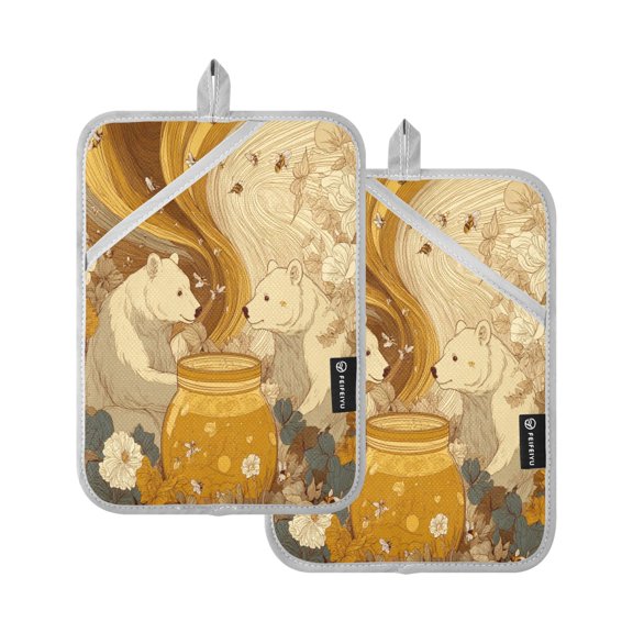 2 Pieces Square Heat Insulation Pads Square Heat Insulation Gloves Oven Gloves Kitchen Gloves Cooking Gloves Heat Insulation Gloves Two Bears