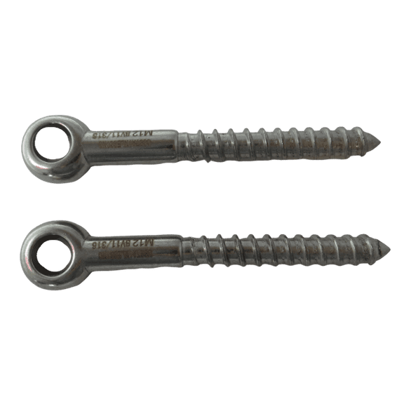 2 Pieces Stainless Steel 316 M12 Lag Screw Eye Bolt Forged 12mm x 100mm Marine Grade