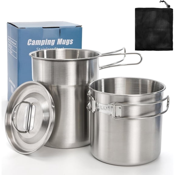 2 Pieces Stainless Steel Camping Cups, Stackable Camping Mugs with Storage Bag, Foldable Handles, Vented Lid, Metal Backpacking Cookware Bush Pot for Coffee, Tea, Hiking