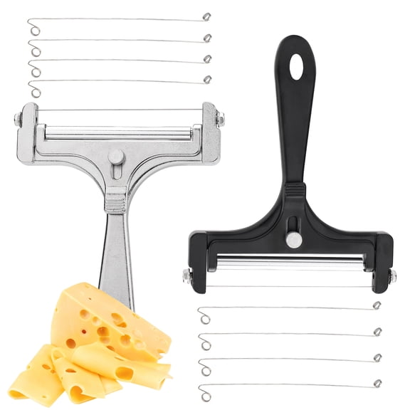 2 Pieces Stainless Steel Wire Cheese Slicer, Adjustable Cheese Block Cutter with 8 Wires Replacement, Handheld Cheddar Plane Slicer for Gruyere Raclette Mozzarella Butter (Silver and Black)