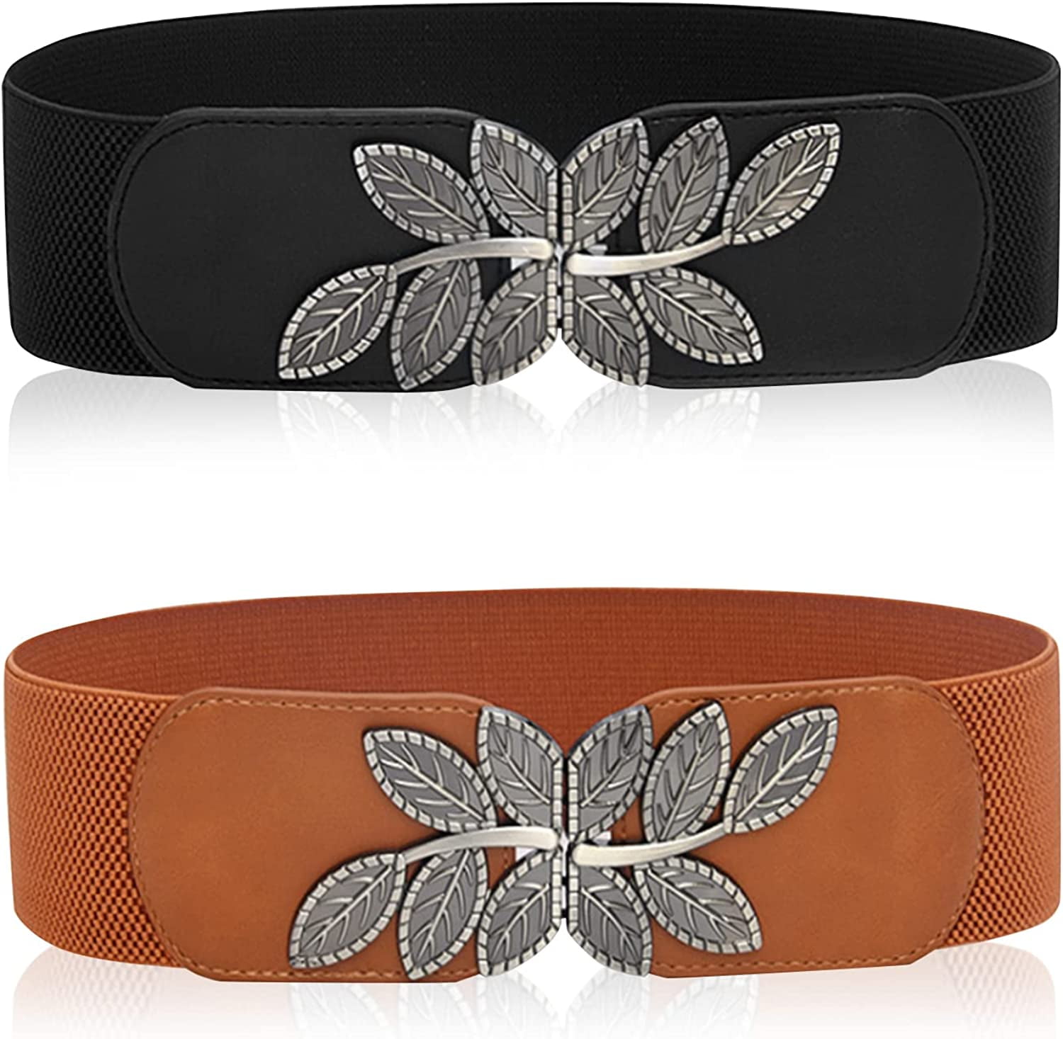 2 Pieces Stretch Belts for Women, Wide Elastic Buckle Belt Retro