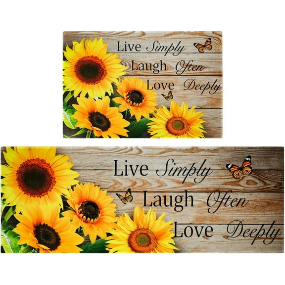 2 Pieces Sunflower Kitchen Rugs and Mats Sunflower on The Wooden Kitchen Decor Farmhouse Anti Fatigue Mat Non Skid Washable Standing Mat Live Laugh Love Kitchen Rugs17x30+17x47inch
