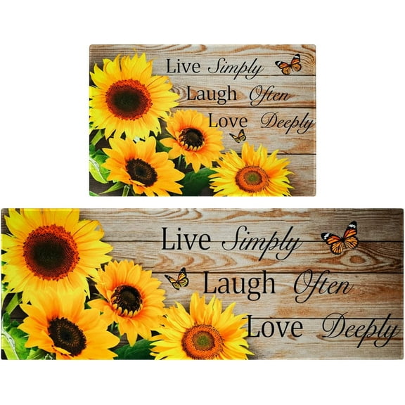 2 Pieces Sunflower Kitchen Rugs and Mats Sunflower on The Wooden Kitchen Decor Farmhouse Anti Fatigue Mat Non Skid Washable Standing Mat Live Laugh Love Kitchen Rugs17x30+17x47inch