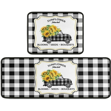 2 Pieces Sunflower Truck Decor Kitchen Mat Buffalo Plaid Kitchen Rugs Set Black and White Rug, Water Absorb Microfiber Mat Checkered Rug for Kitchen,17"x 47"+17" x 23