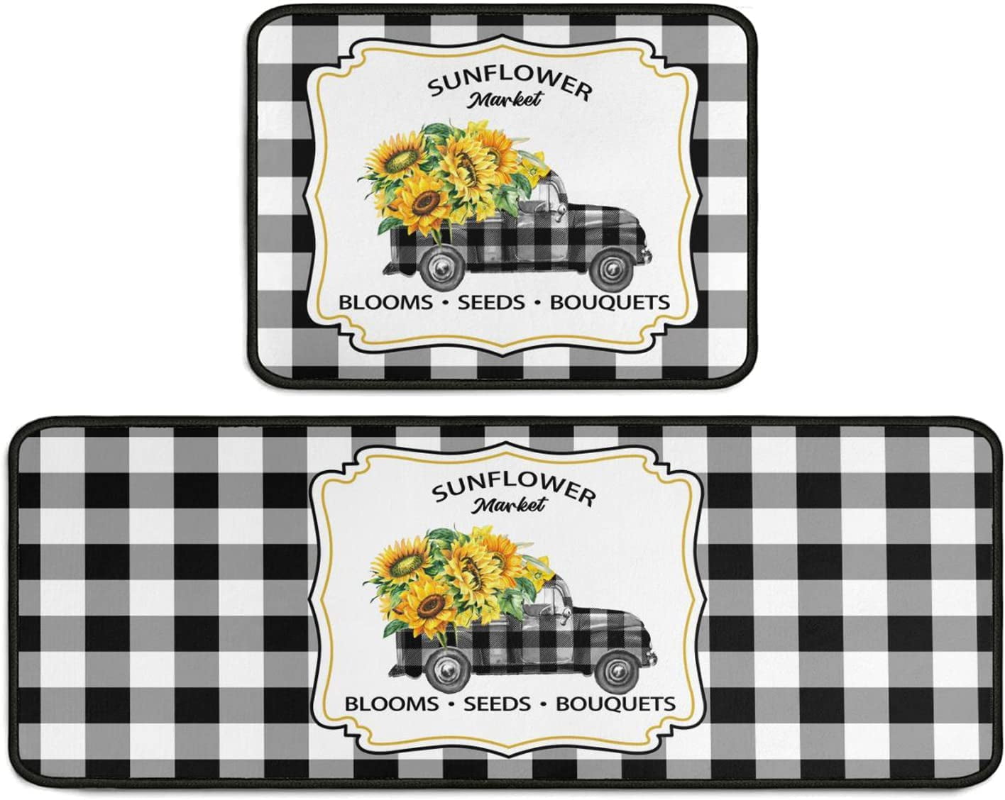 2 Pieces Sunflower Truck Decor Kitchen Mat Buffalo Plaid Kitchen Rugs