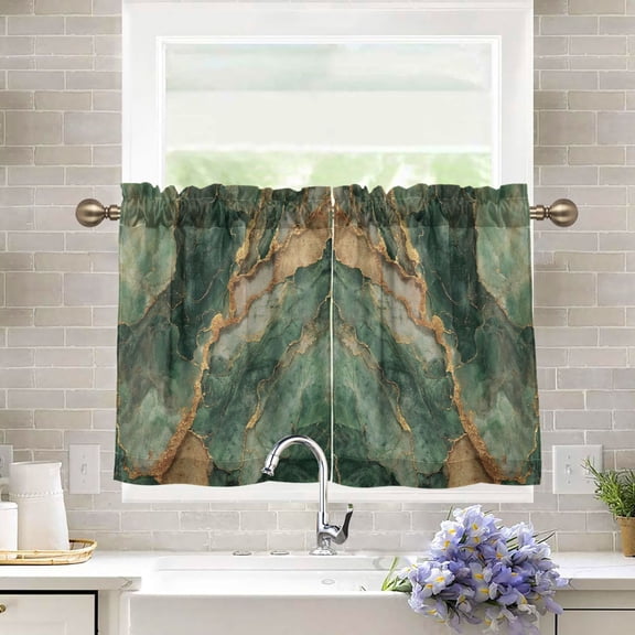 2 Pieces Tier Curtain for Kitchen and Bathroom- 27x24inch Green Marble Pattern Design- 40-60% Window Curtain Shading