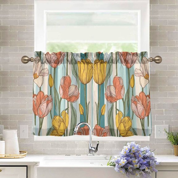 2 Pieces Tier Curtain for Kitchen and Bathroom- 27x24inch Hand-drawn Tulip Pattern Design- 40-60% Window Curtain Shading