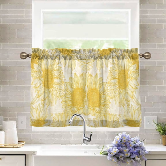 2 Pieces Tier Curtain for Kitchen and Bathroom- 27x24inch Light Yellow Line Design- 40-60% Window Curtain Shading