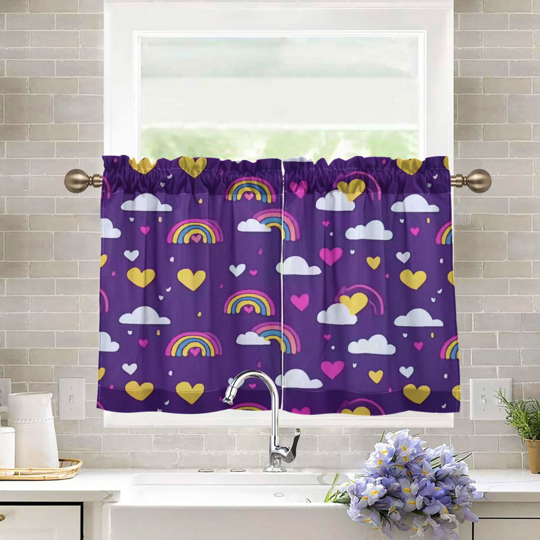 2 Pieces Tier Curtain for Kitchen and Bathroom- 27x24inch Rainbow ...