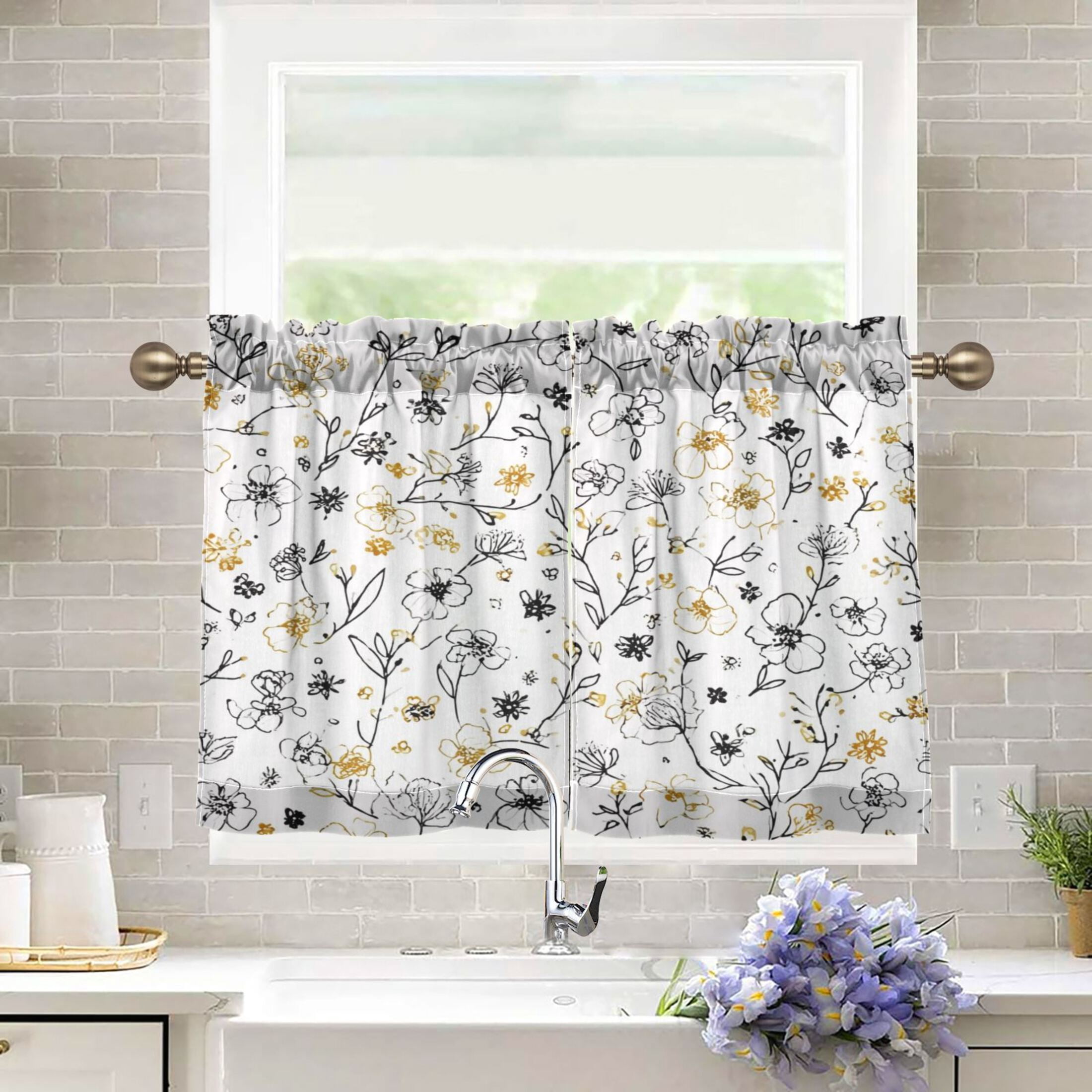 2 Pieces Tier Curtain for Kitchen and Bathroom- 27x24inch Small Floral ...