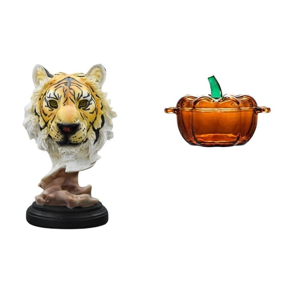 2 Pieces Tiger Head Statue Candy Dish Pumpkin Glass Jar Resin and Glass for Autumn Decor Home Office Party Table Bedroom
