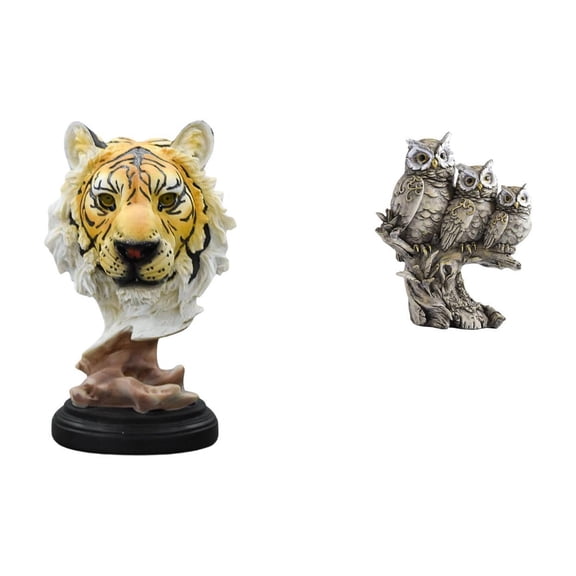 2 Pieces Tiger Head Statue Owl Figurine Tabletop Sculpture Resin Material Home Office Bookshelf Decoration Ornament
