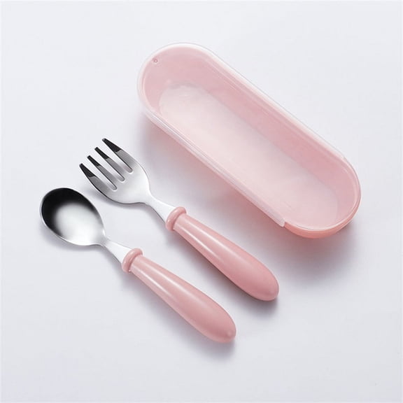 2 Pieces Toddler Utensils Stainless Steel Fork and Spoon Safe Baby Silverware Set, Kid Safe Utensils Children's Flatware Kids Cutlery Set with Round Handle for LunchBox ( Pink)