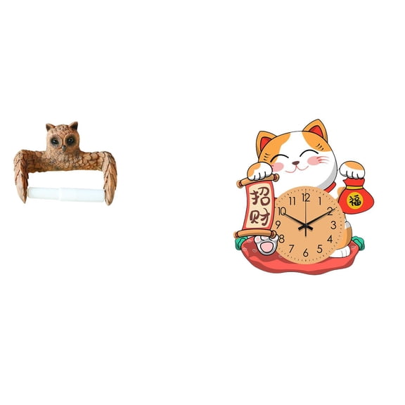 2 Pieces Toilet Paper Holder Cat Wall Clock Owl Sculpture Silent Non Ticking Uniqueness for Kids Bedroom Kitchen Office