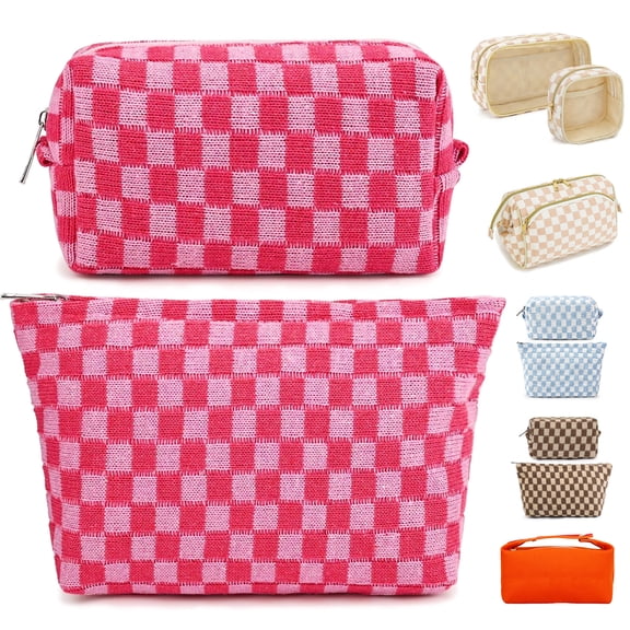 Fammart 2 Pieces Travel Makeup Bag, Checkered Cosmetic Bag Make Up Organizer Case for Women, Small Toiletry Bag Skincare Pouch for Toiletries Accessories Brushes