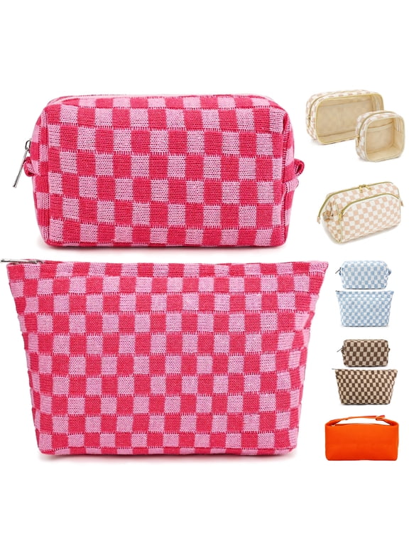 2 Pieces Travel Makeup Bag, Checkered Cosmetic Bag Make Up Organizer Case for Women, Small Toiletry Bag Skincare Pouch for Toiletries Accessories Brushes