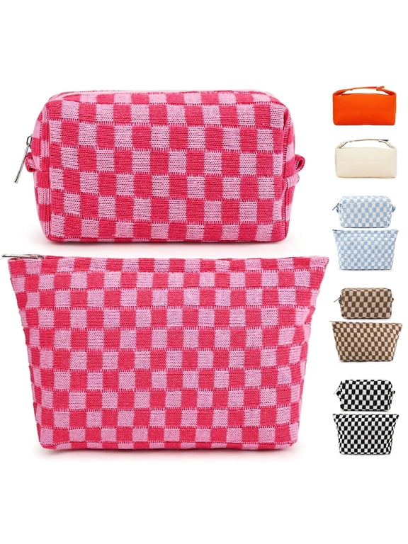 2 Pieces Travel Makeup Bag, Checkered Cosmetic Bag Make Up Organizer Case for Women, Small Toiletry Bag Skincare Pouch for Toiletries Accessories Brushes