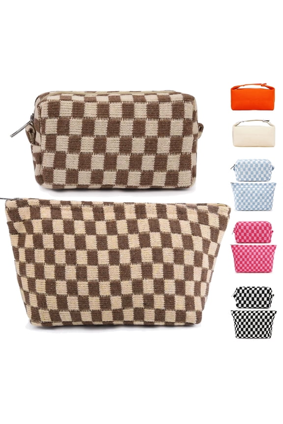 2 Pieces Travel Makeup Bag, Checkered Cosmetic Bag Make Up Organizer Case for Women, Small Toiletry Bag Skincare Pouch for Toiletries Accessories Brushes