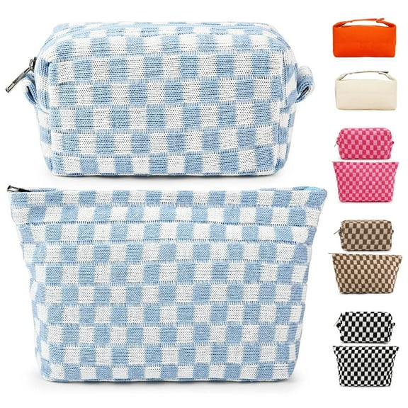 Fammart 2 Pieces Travel Makeup Bag, Checkered Cosmetic Bag Make Up Organizer Case for Women, Small Toiletry Bag Skincare Pouch for Toiletries Accessories Brushes