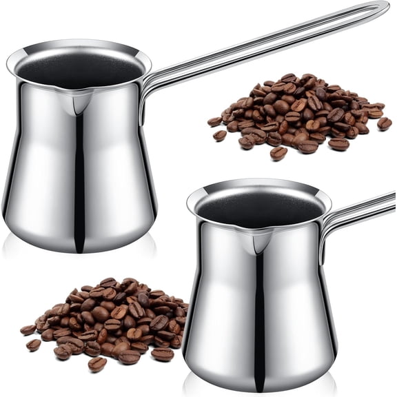 2 Pieces Turkish Coffee Pot 15 oz Chai Arabic Briki Greek Milk Butter Honey Chocolate Melt Warmer for Gift Stainless Steel Cezve Stove Top Tea Maker Ibrik, Silver