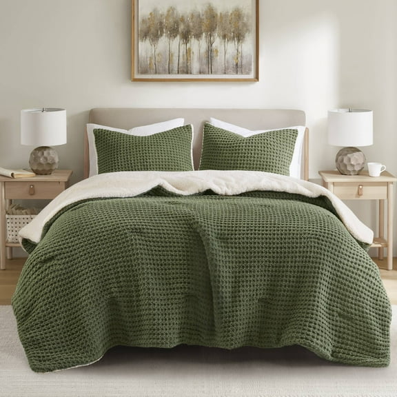 2 Pieces Twin Waffle Knit Chenille Comforter Set,Olive