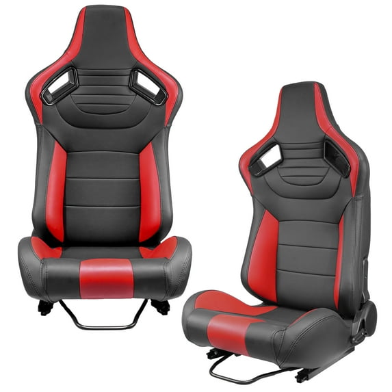 2 Pieces Universal Reclinable Racing Seats with Bottom Mount Sliders , Black+Red