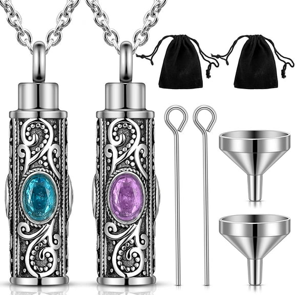 2 Pieces Urn Necklace for Ashes Cremation Urn Pendant Necklaces Crystal Cremation Jewelry with Storage Bags for Human Stainless Steel Memorial Keepsake Pendant Charm Ashes Jewelry (Purple, Blue)