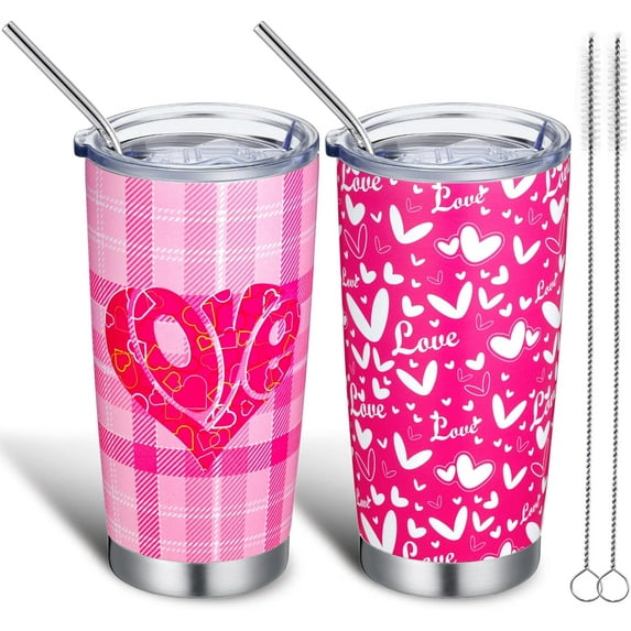 2 Pieces Valentine''s Day Gift for Women Pink Heart Tumbler Cups for Girlfriend Wife Anniversary 20 oz Stainless Steel Double Wall Insulated Coffee Mug Water Bottle with Lid Straw and Brush