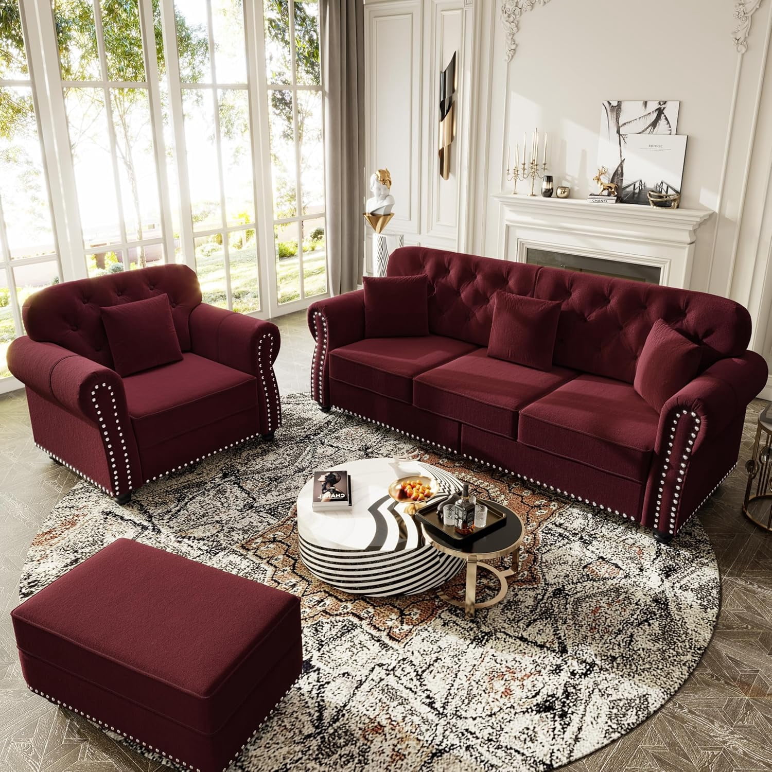 2 Pieces Velvet Chesterfield Sofa Sets, Modern Modular Sectional Couch with Ottoman, Comfy Living Room Sofas, L Shaped Couches, Chaise Lounge and 3-Seat, 4 Pillows for Apartment, Wine Red