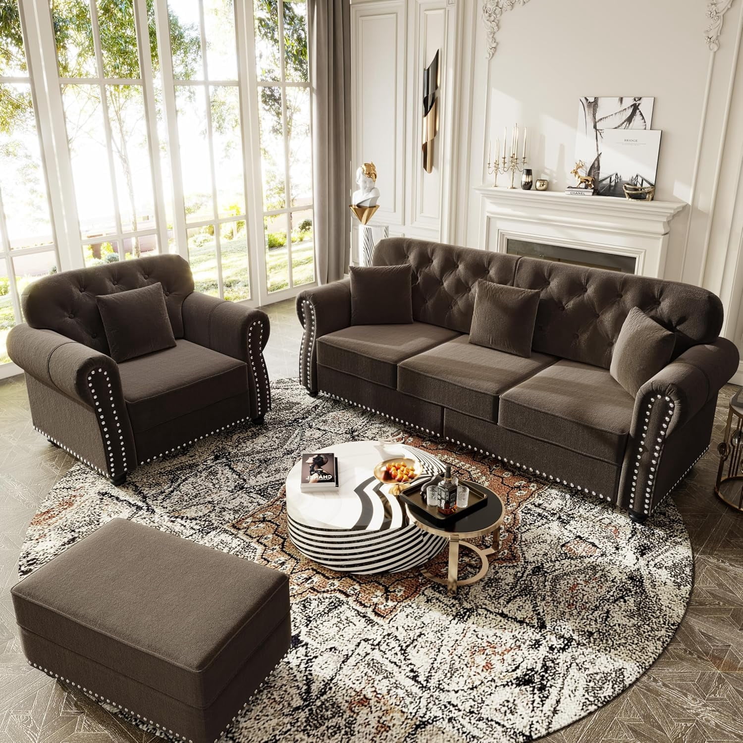 2 Pieces Velvet Chesterfield Sofa Sets, Modern Modular Sectional Couch with Ottoman, Comfy Living Room Sofas, L Shaped Couches, Chaise Lounge and 3-Seat, 4 Pillows for Apartment, Brown