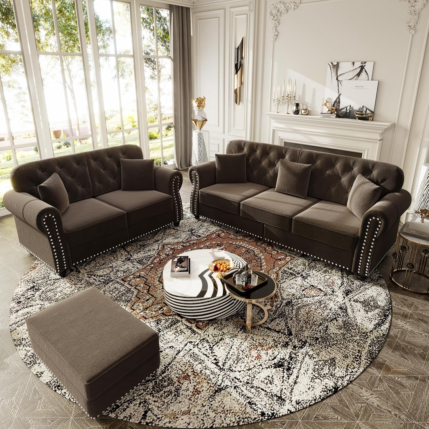 2 Pieces Velvet Chesterfield Sofa Sets, Modern Modular Sectional Couch with Ottoman, Comfy Living Room Sofas, L Shaped Couches, Loveseat and 3-Seat with 5 Pillows, for Apartment, Brown