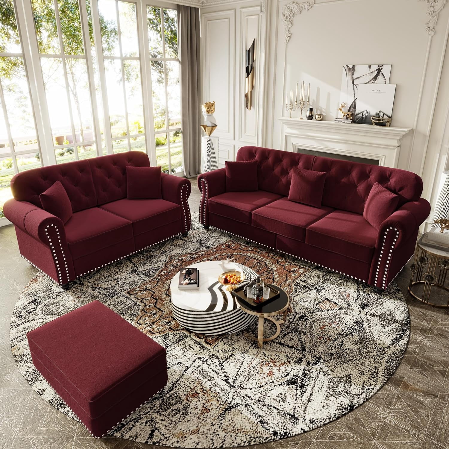 2 Pieces Velvet Chesterfield Sofa Sets, Modern Modular Sectional Couch with Ottoman, Comfy Living Room Sofas, L Shaped Couches, Loveseat and 3-Seat with 5 Pillows, for Apartment, Wine Red