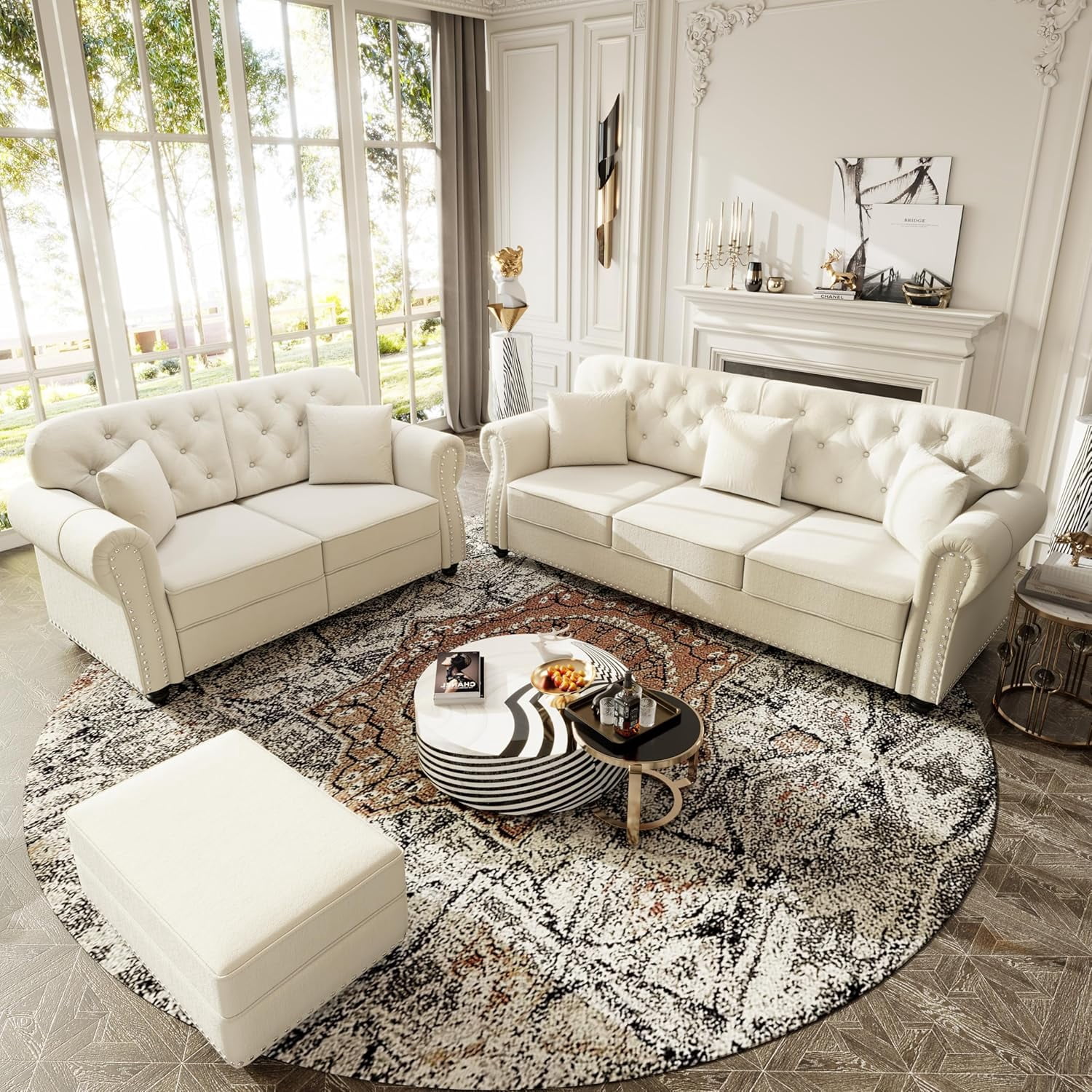 2 Pieces Velvet Chesterfield Sofa Sets, Modern Modular Sectional Couch with Ottoman, Comfy Living Room Sofas, L Shaped Couches, Loveseat and 3-Seat with 5 Pillows, for Apartment, Beige