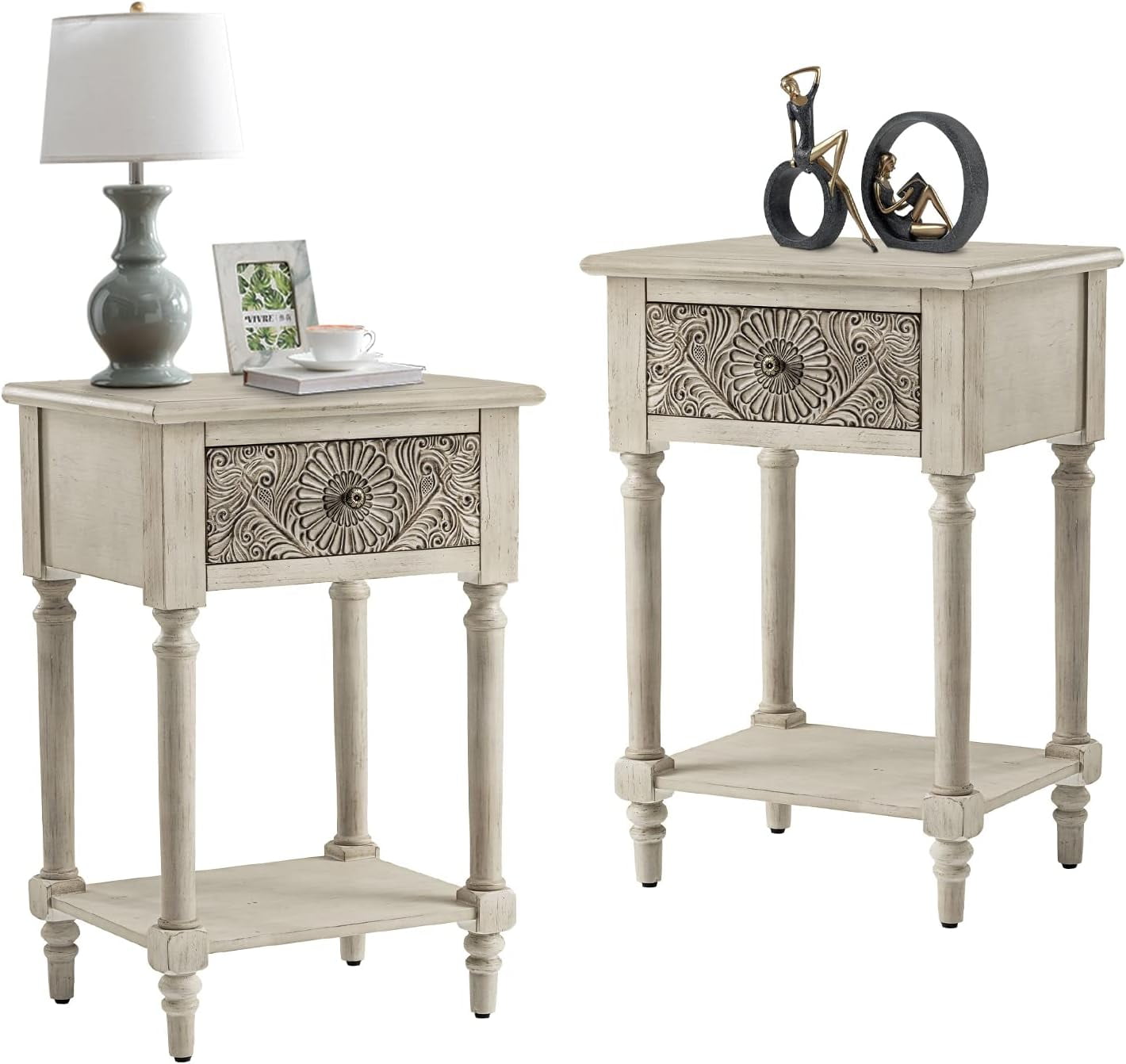 2 Pieces Vintage Nightstand, MDF 2-Tier Bedside Table, Wood Accent End ...