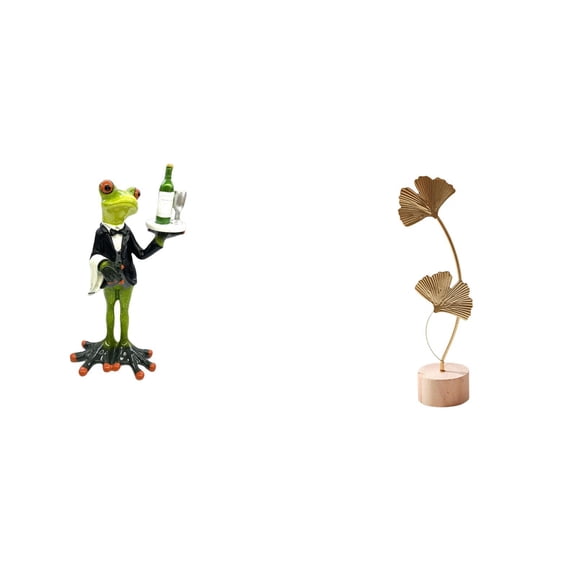 2 Pieces Waiter Frog Statue Leaf Sculpture Desktop Figurine Resin Iron Material for Home Office Decor